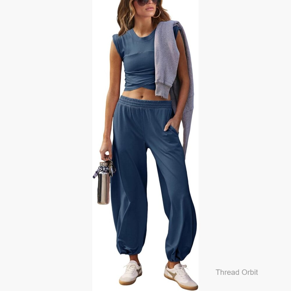 Cotton Spandex Lounge Set Cropped Top Sweatpants Tracksuit Pockets